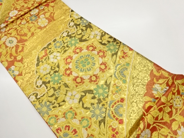 JAPANESE KIMONO / FUKURO OBI / SILK / SAGANISHIKI / WOVEN FLORAL CREST & FLORAL ARABESQUE